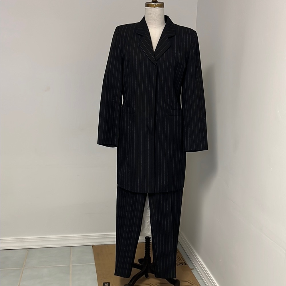 Miss H European Lined Pinstripe Woman’s Pantsuit with Pockets and Hidden Buttons